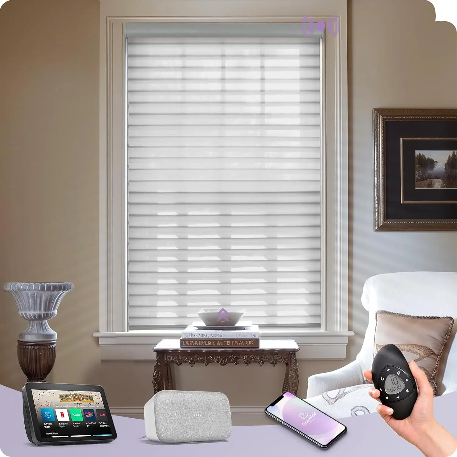 Motorized Shangrila Shades Compatible with Alexa Google Remote Control Rechargeable Cordless Privacy Blinds with Valance for Sma