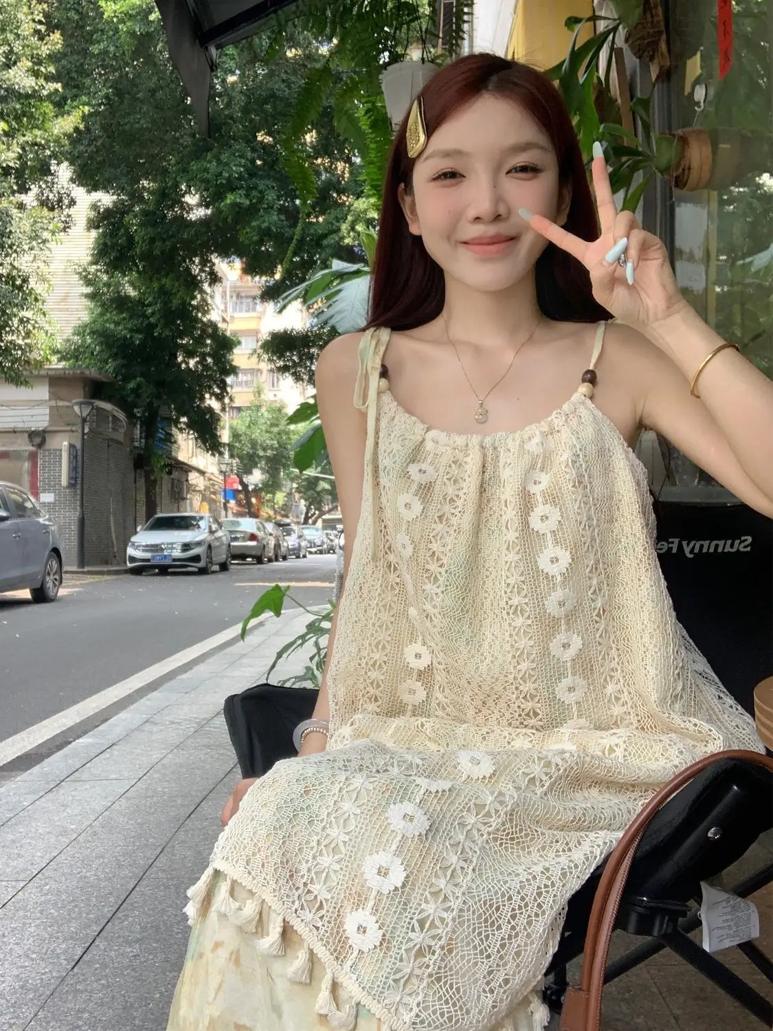 

Sweet Vintage Floral Dress Lace Trim Sling Maxi Dress Women Bohemian Fringe Hem Beach Cover Up Resort Wear Romantic Y2KAesthetic