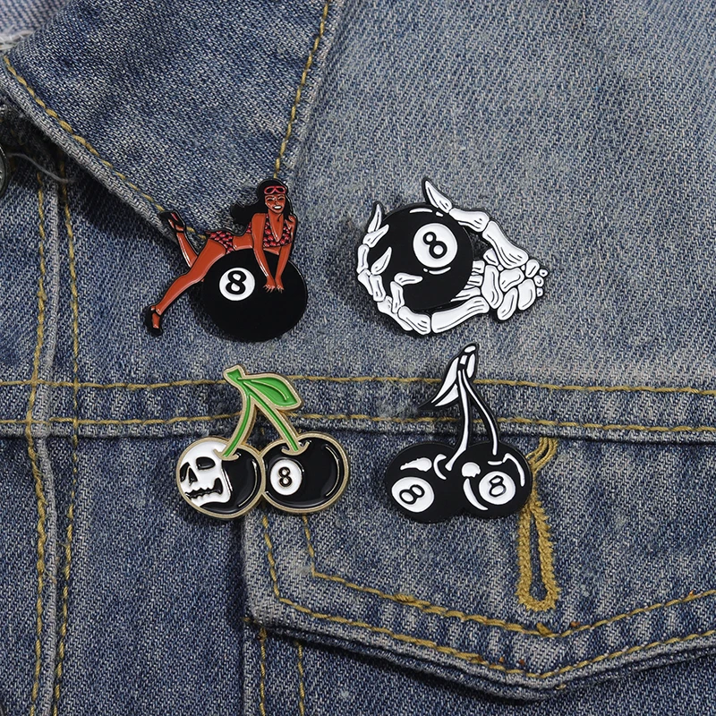 Billiards Ball Number 8 Enamel Pins Creative Cherry 8 Ball Cute Lapel Badge Metal Brooches Punk Accessories Jewelry for Gift