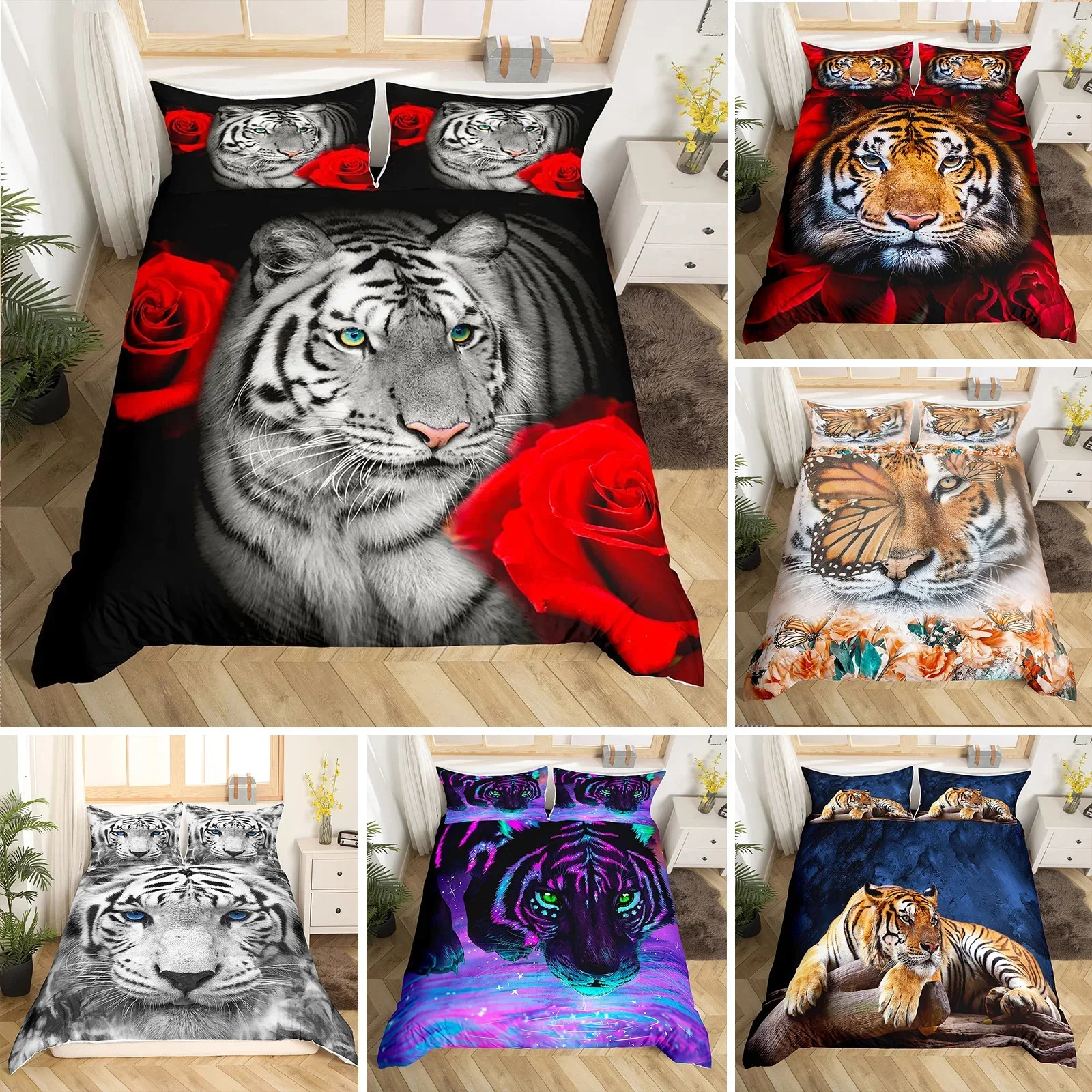 

White Tiger Red Rose King Queen Duvet Cover Africa Big Cat Flower Bedding Set for Teen Adult Animal 2/3pcs Polyester Quilt Cover