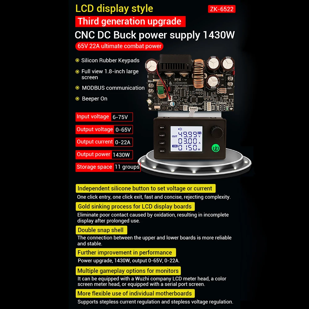 ZK-6522 CNC Buck DC Adjustable Voltage Regulator Constant Voltage Constant Current Module 22A/1400W Module Input Voltage DC6-75V