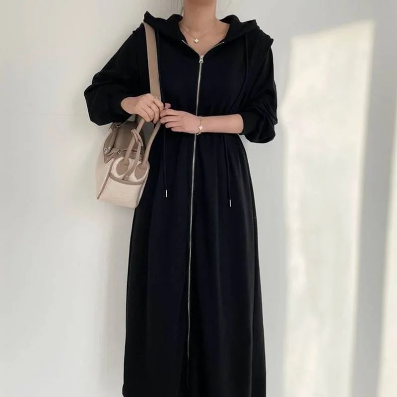 Felpa con Zip bianca con cappuccio abito lungo Casual panno 2024 per le donne Wild Black Grey vita alta Swing Maxi maglione Vestidos