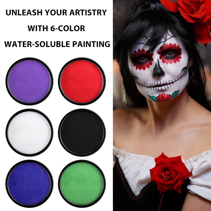 6 Colors Water Activated Face and Body Paint with 1 Brush,Non-Toxic Safe Water Soluble Face Paint for Cosplay,Halloween Makeup