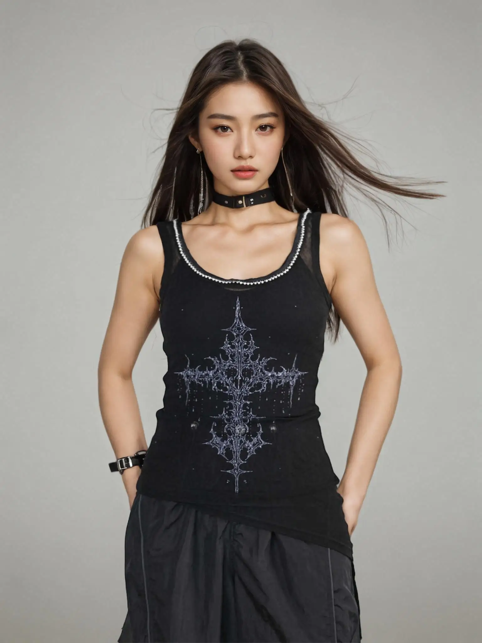 

Женский приталенный топ-жилет BW с принтом «Крест-тотем» и жемчужным воротником, черный, летний, новый, повседневный, универсальный, из смесового полиэстера