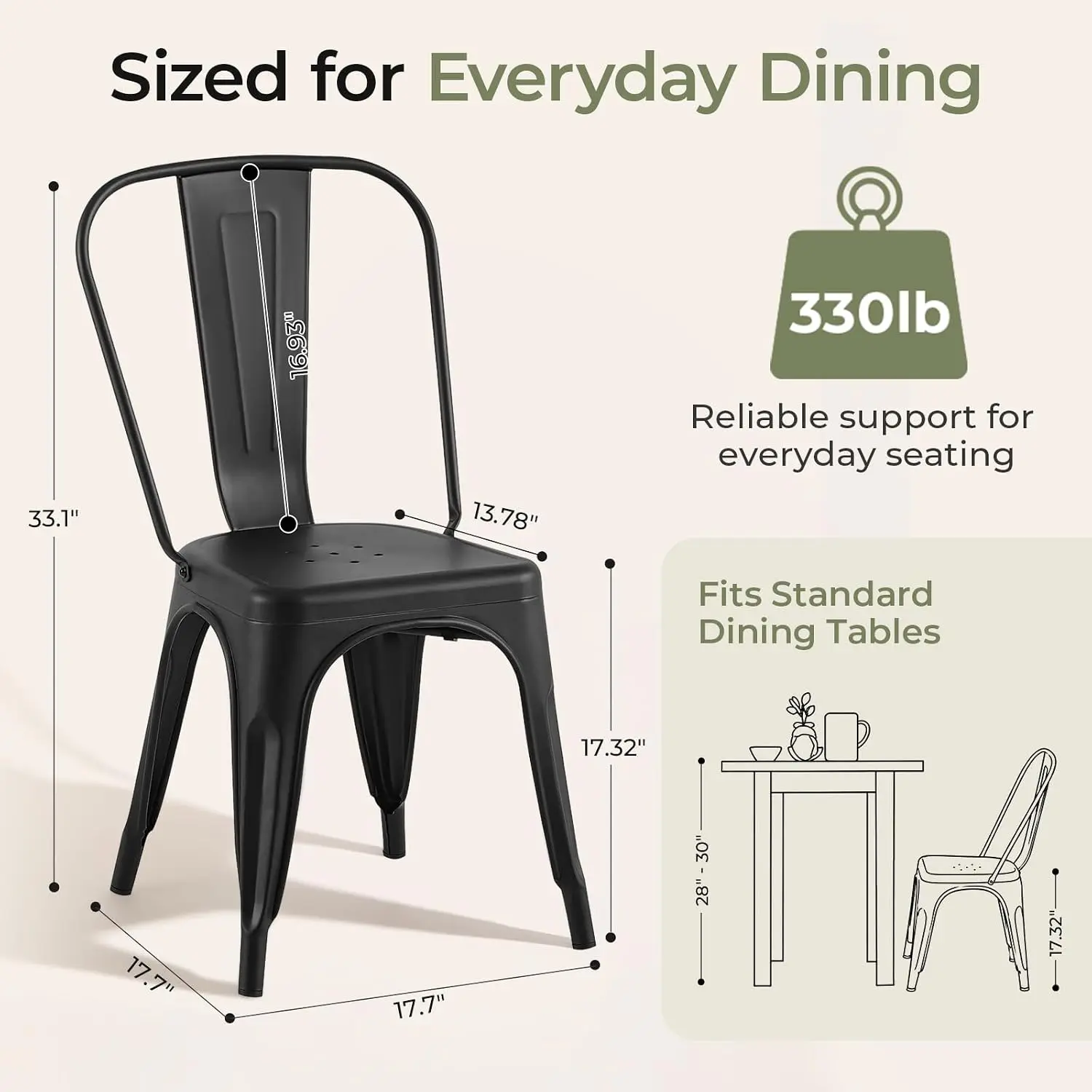 Matte Black Metal Dining Chair Set of 4 with Backrest Stackable Indoor Outdoor Kitchen Cafe Bistro Patio, Customized
