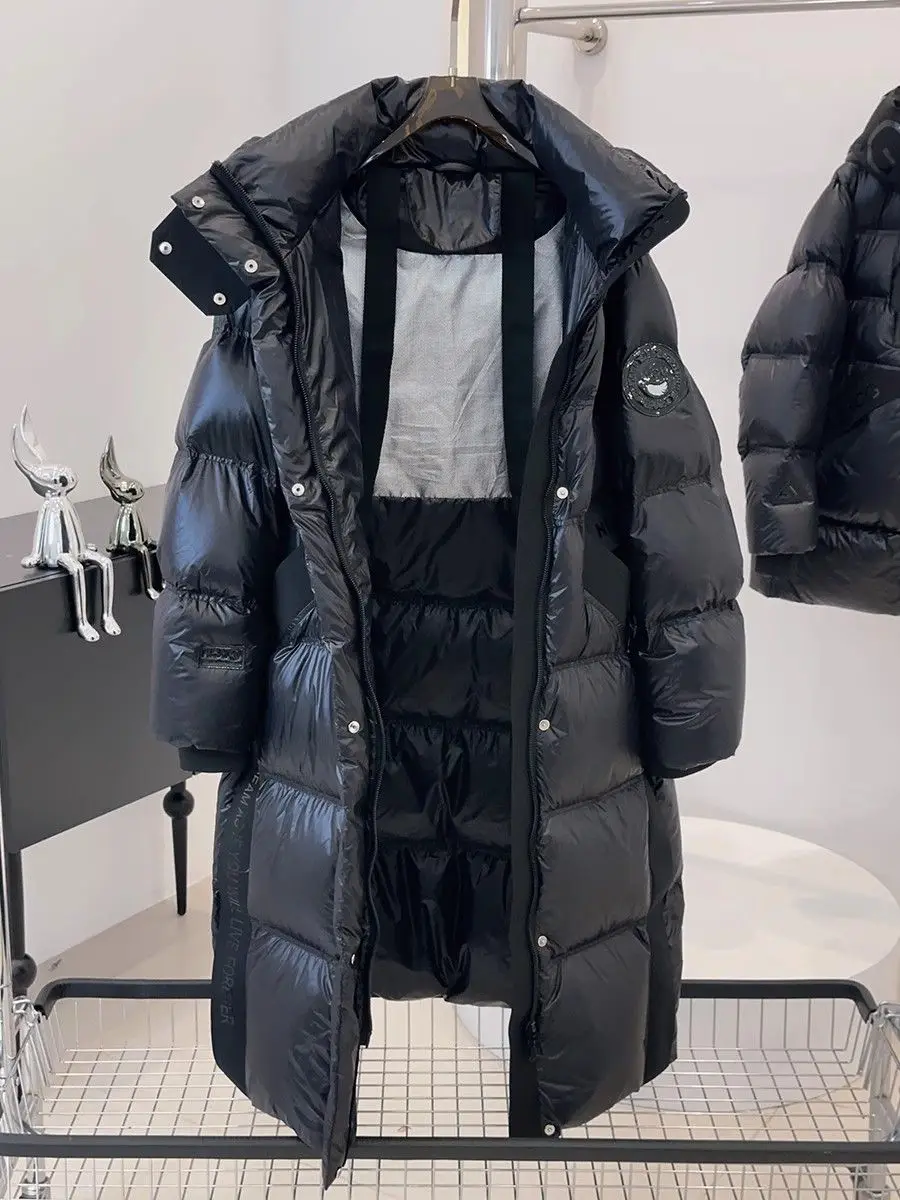 الشتاء الأسود مقنعين أسفل سترة المرأة منتصف طول الأبيض بطة أسفل معطف دافئ سميكة يندبروف خندق معطف طويل الأكمام سترة الثلوج #2