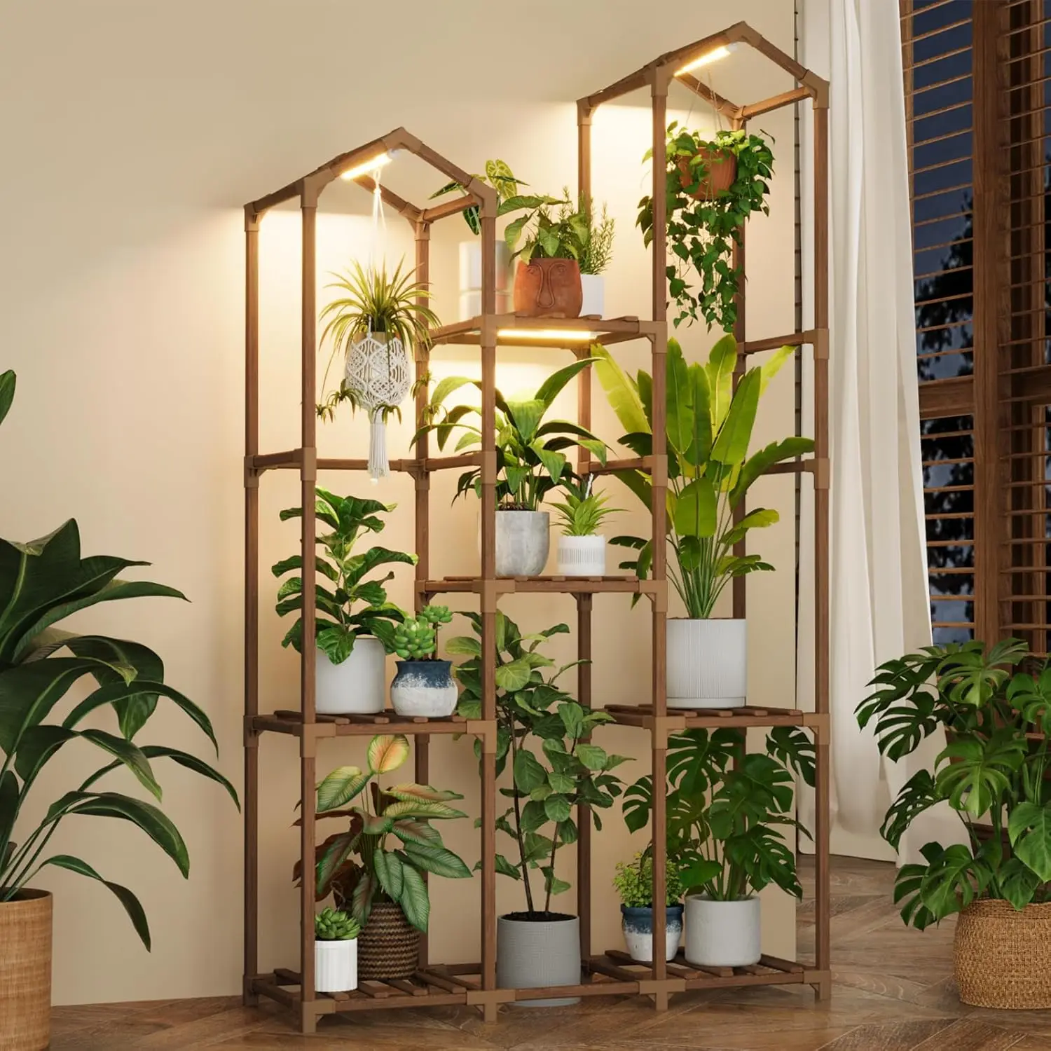 

Indoor Plant Stand with Grow Light, Tall Corner Shelf for Living Room, Multiple Pots Holder, Warm Light Decor