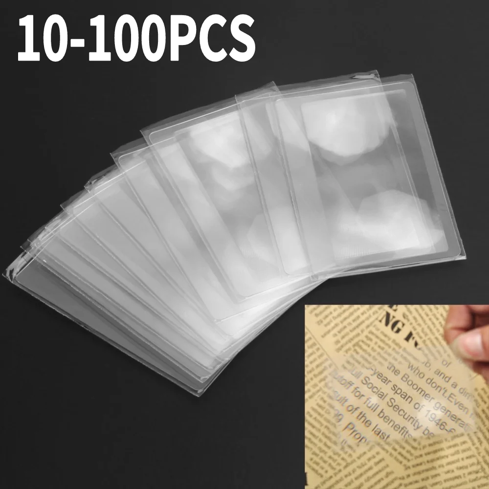 10-100pcs 3X Magnifier Magnifying Fresnel LENS Transparent Credit Card Shape for Reading Newspaper Book