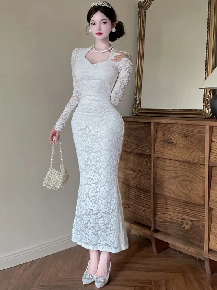 Coreano primavera elegante feminino rendas magro sereia vestido mujer luxo grânulo gola quadrada manga longa bodycon vestidos