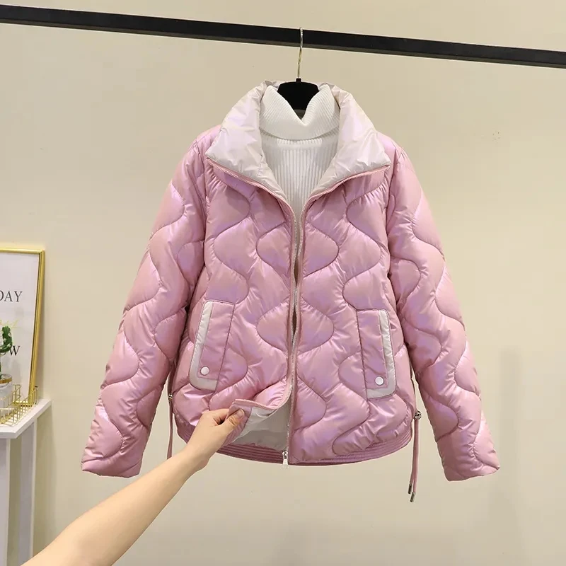 Chaqueta de algodón de longitud media para mujer, abrigo grueso, suelto, coreano, con cuello de pie, ligero y cálido, para invierno