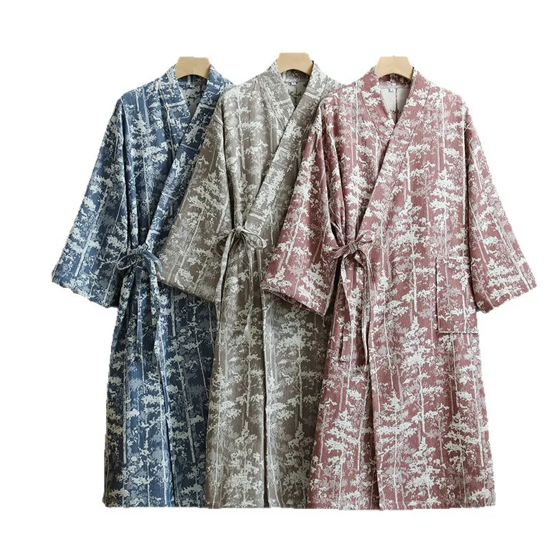 Breathable Japanese Women 100% Cotton Yukata Kimono Robe Summer Double Gauze Bathrobe Thin Spa Sauna Pajamas Belted Homewear