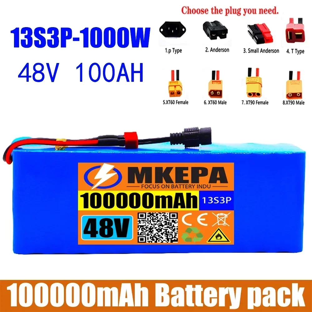 13S3P 48V 100000 Paquete de batería de iones de litio mAh 100Ah con BMS de 1000W para bicicleta eléctrica Scooter de 54,6 V + cargador de 54,6 V