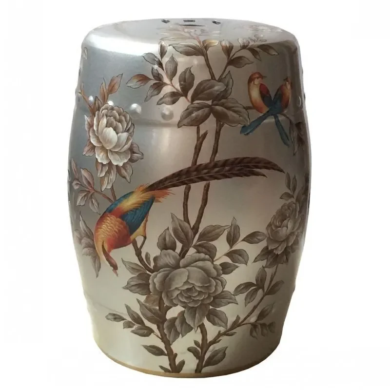Ceramic Side Table Durable Drum Stool Hand painted Floral and Bird Coffee Table Classic Vanity Seat Suitable for Dining Room