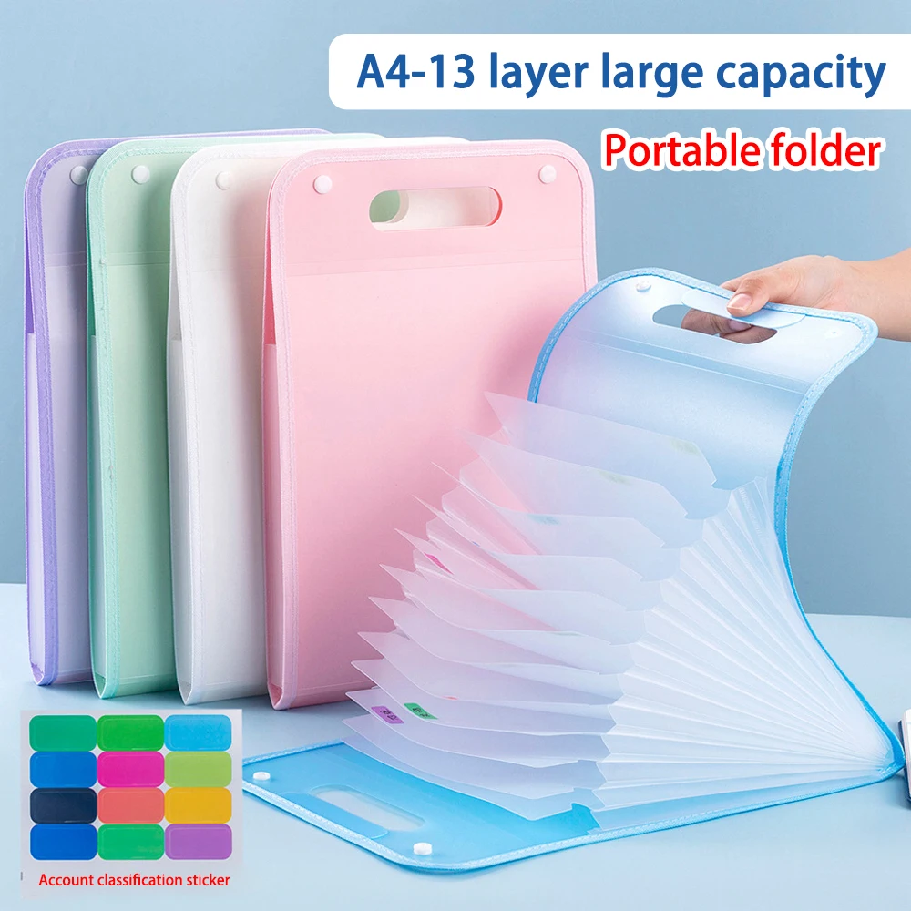 Portable 13 Pocket File Folders A4 Letter Size Color Accordian Document Organizer For Classroom Office Home Vertical Storage Bag