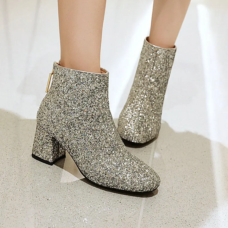 

Sequins Glitter Sparkle Bling Bling Silver Red Gold Back Zipper Chunky Heels Women's Party Wedding Shoes Ankle Short Boots
