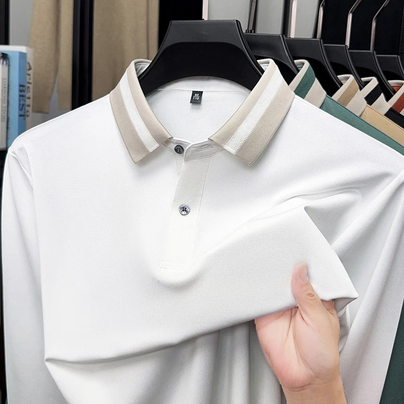 

Original Quality Men's Polo Shirt Solid Color Exquisite Stripe Collar Long Sleeve Autumn Lapel T-Shirt Business Trend Menswear