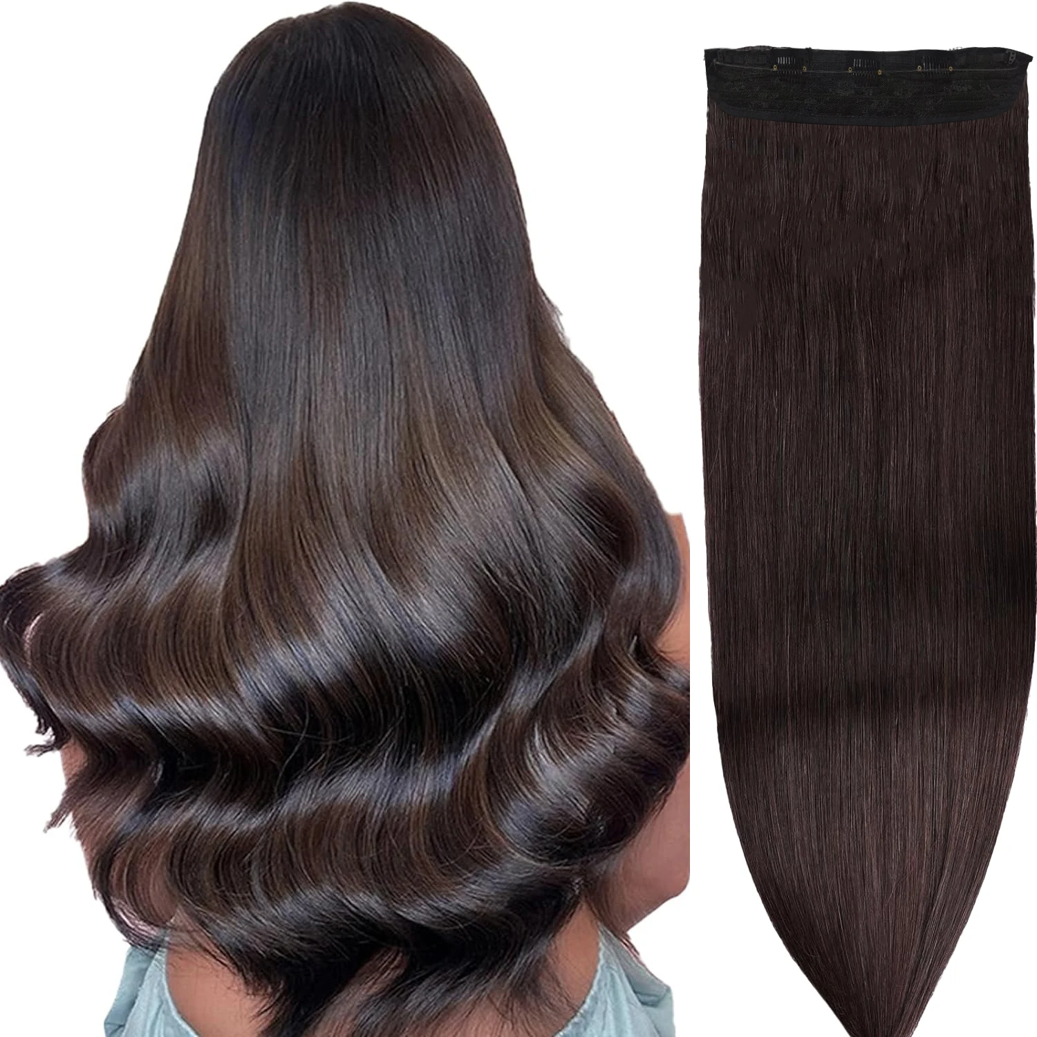 Extensions de Cheveux Naturels Lisses à réinitialisation Brun Foncé pour Femme, Ligne de Poisson Invisible, 16 à 26 Pouces, #2