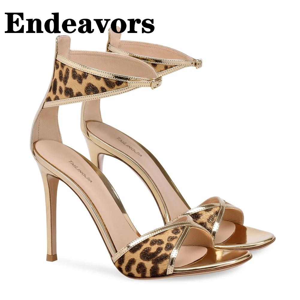 

Leopard Buckle Sandals Thin High Heel Summer Newest Open Toe Large Size Fashion Show Occasion Sandals Banquet Fashion Shoes