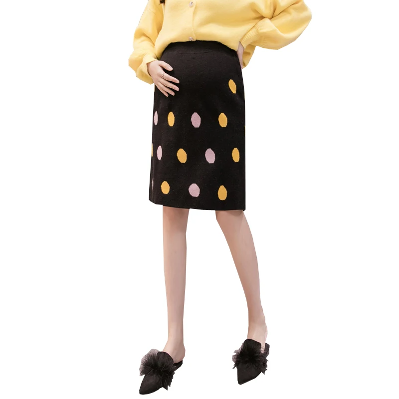 

Autumn Maternity Clothes Abdominal Knitted Package Hip Skirt of Tall Waist Pregnancy Block Color Polka Dot Pregnant Women Skirts