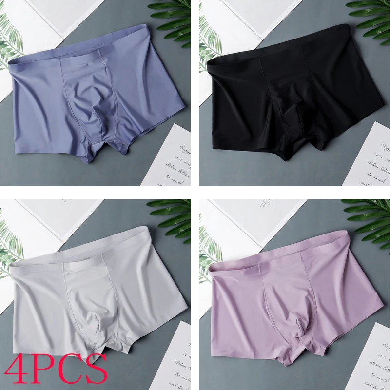 4PCS Eis Seide Nahtlose männer Boxer Briefs Shorts Männlichen Dünne Atmungsaktive Höschen XL-3XL Solide Sexy Intime Unterwäsche