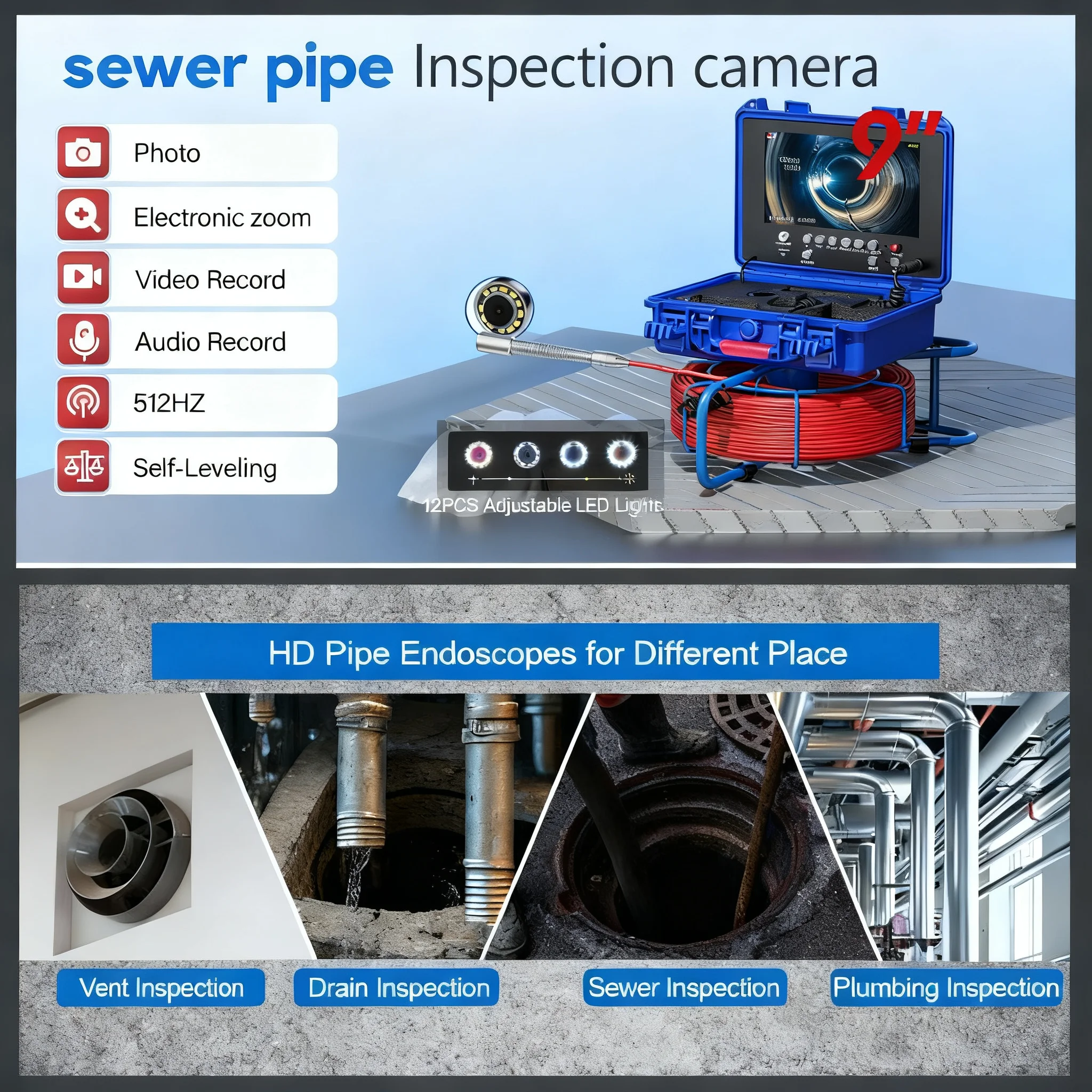 

endoscope camera high - definition with 512Hz Auto Leveling 23mm IP68 Waterproof Camera and 4500mAh lithium battery