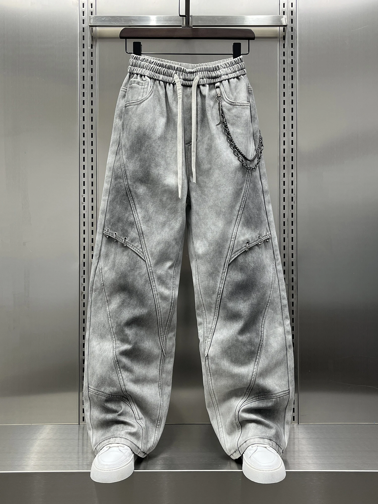 

Мужские джинсы в стиле ретро, с эффектом потертости, модные, брендовые, с эффектом тай-дай, в уличном стиле, с цепочками, крутые длинные брюки, осень-зима, новинка