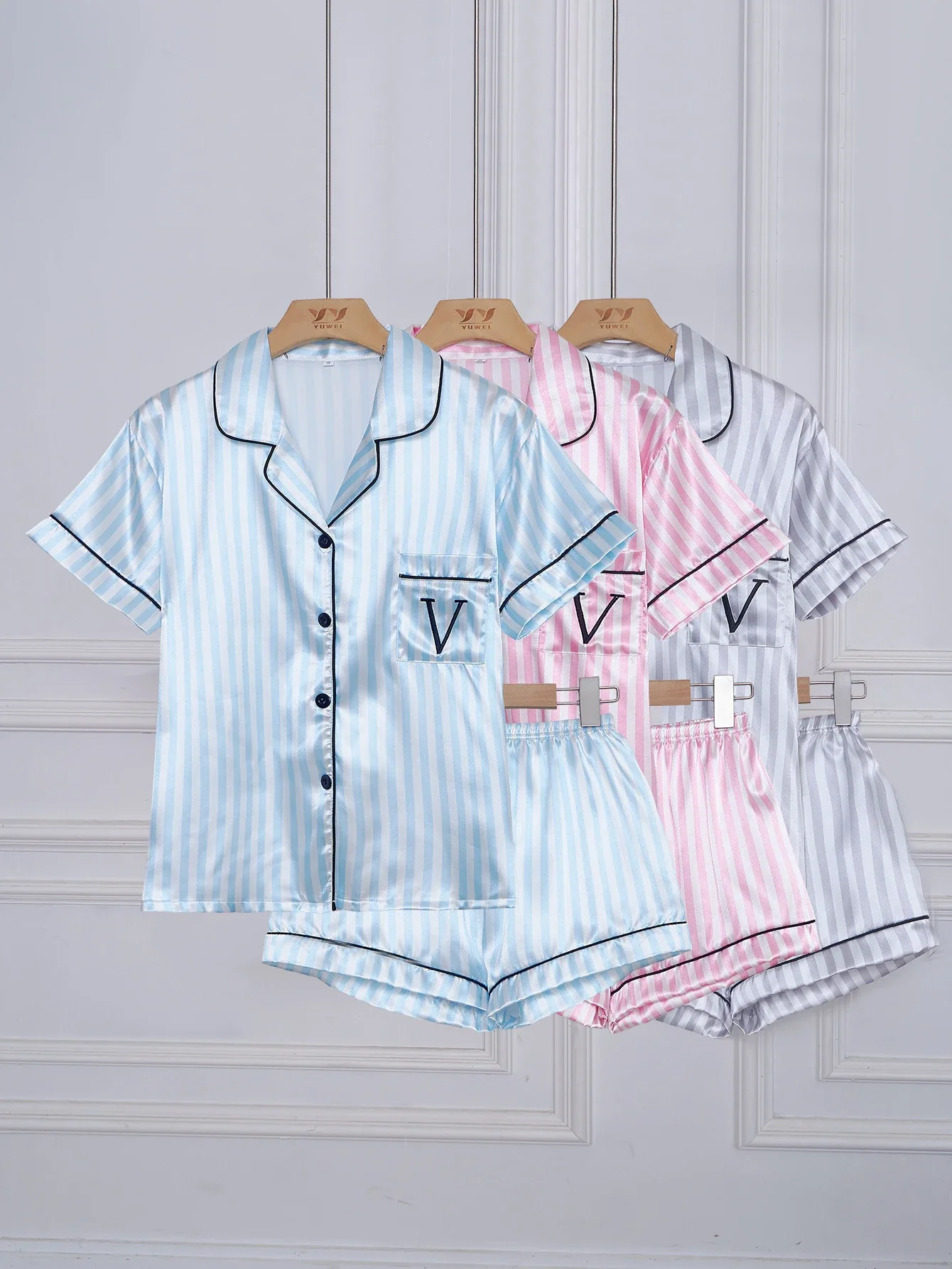 

3 Sets Striped Embroidered Letter Pocket Pajama Set,Short Sleeve and Shorts Casual Satin Sleepwear with Lapel Collar and Button
