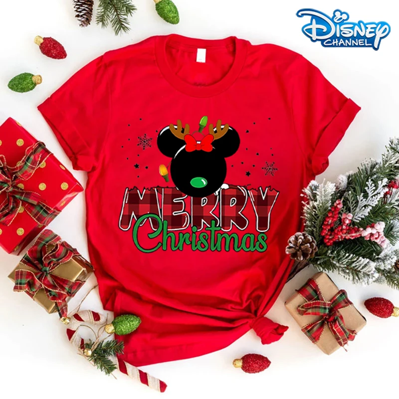 Disney Mickey Minnie Mouse Adult T-shirt Christmas Short Sleeve Shirts Fashion Cotton Xmas Round Neck Clothes Cute Shirts Gifts