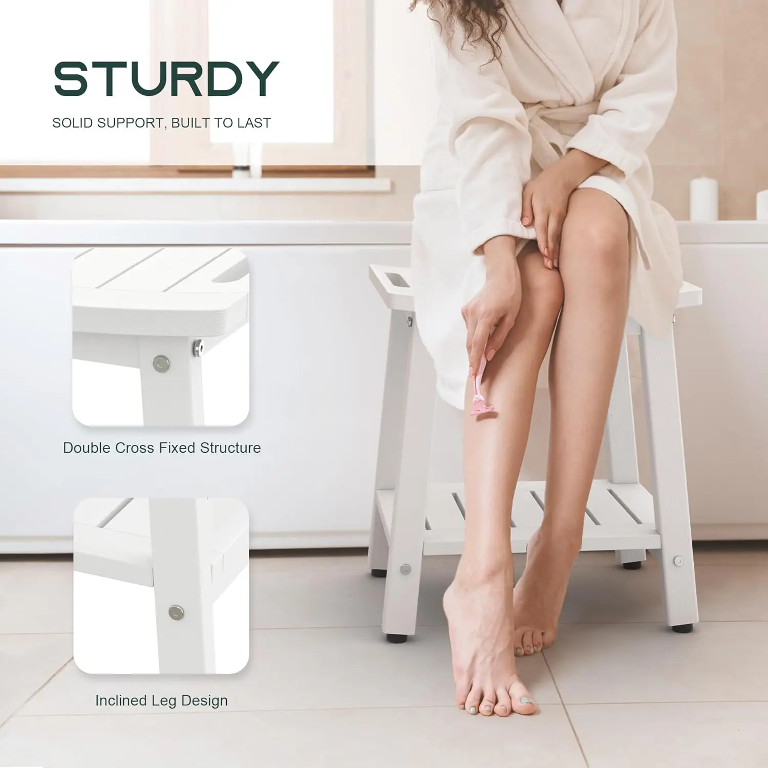 White HDPE Shower Stool with Handle, Storage Shelf, Adjustable Feet - Waterproof & Durable for Indoor/Outdoor Use