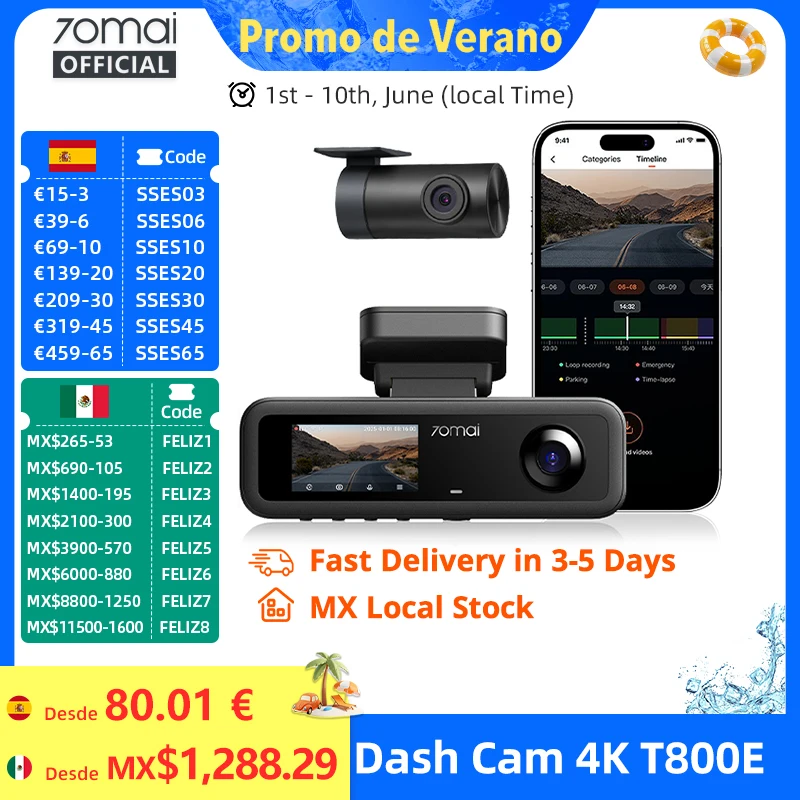 70mai cámara de salpicadero de 3 canales T800E 4K HDR F1.55 supercondensador de apertura Control de voz GPS coche DVR 70mai T800E WiFi 6 5GHz