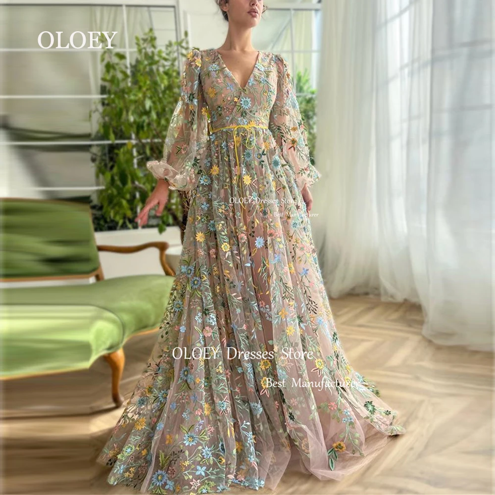 

OLOEY Exquisite Embroidery Lace Floral Evening Dress V Neck Photoshoot Long Sleeves Wedding Party Gown Sashes Zip Back Custom