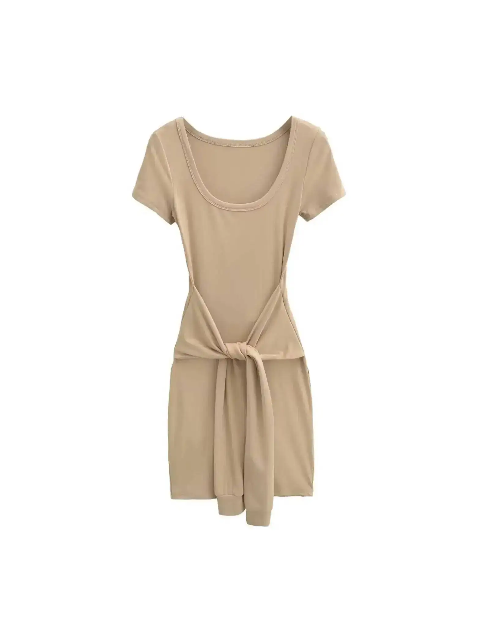 グレー半袖タイドレスエレガントな女性のための夏の韓国スタイルの高級感スリムハイウエストショートドレス T シャツ 9PBN