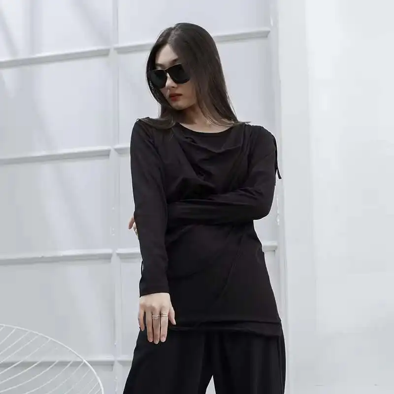 Ladies Long Sleeve Spring And Autumn New Pleated Individual Fashion Trend Hip Hop Large Size Long Sleeve Round Collar T-Shirt