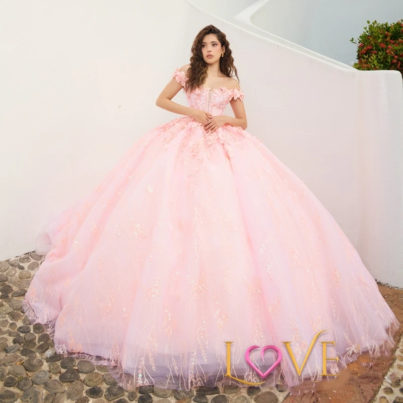 Shiny Pink Quinceanera Dress Ball Gown Off The Shoulder Lace Applique Beaded Crystal Tull Corset Sweet 16 Vestido De 15 Anos