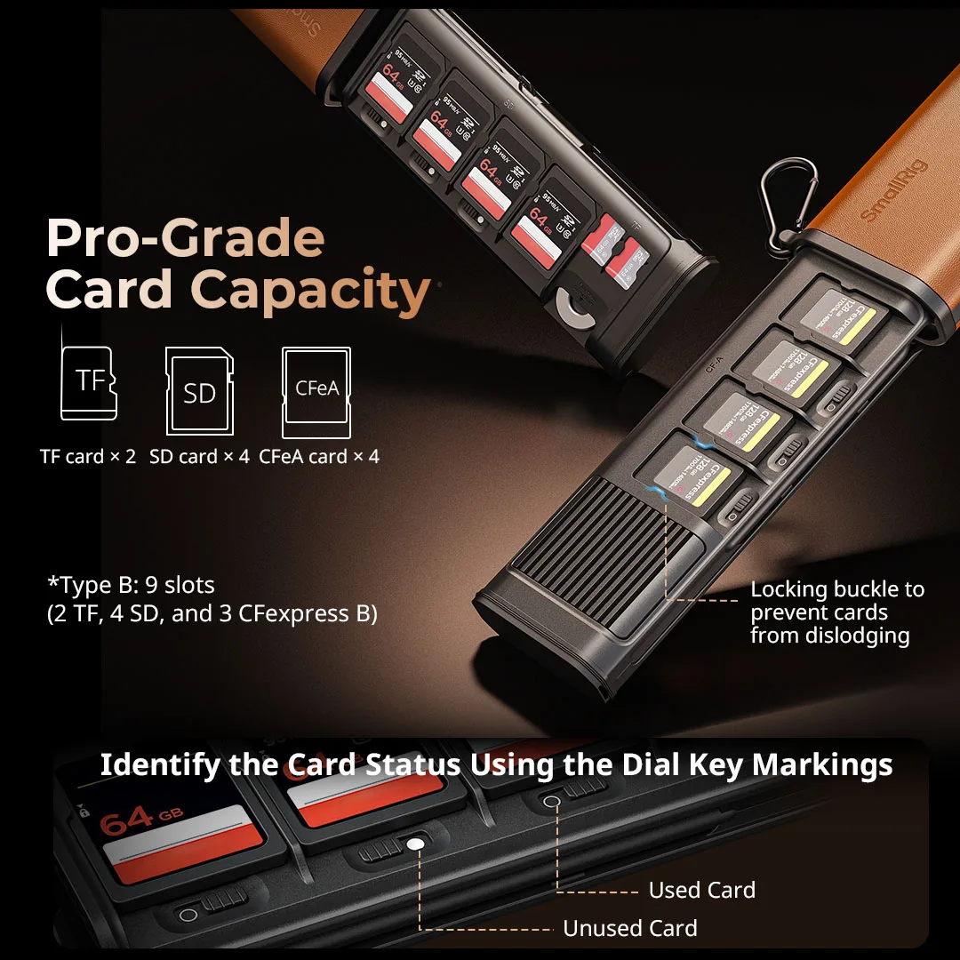 

Многофункциональный кард-ридер и футляр для хранения SmallRig CFexpress типа A/B, высокоскоростная передача с тремя слотами и слотом AirTag 5361