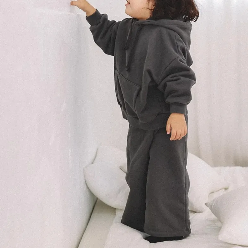 Childrens Sets Girls Spring Autumn Korean Hooded Knitting Casual Sweater Elastic WaistVersatile Coat Two Piece Set Soild
