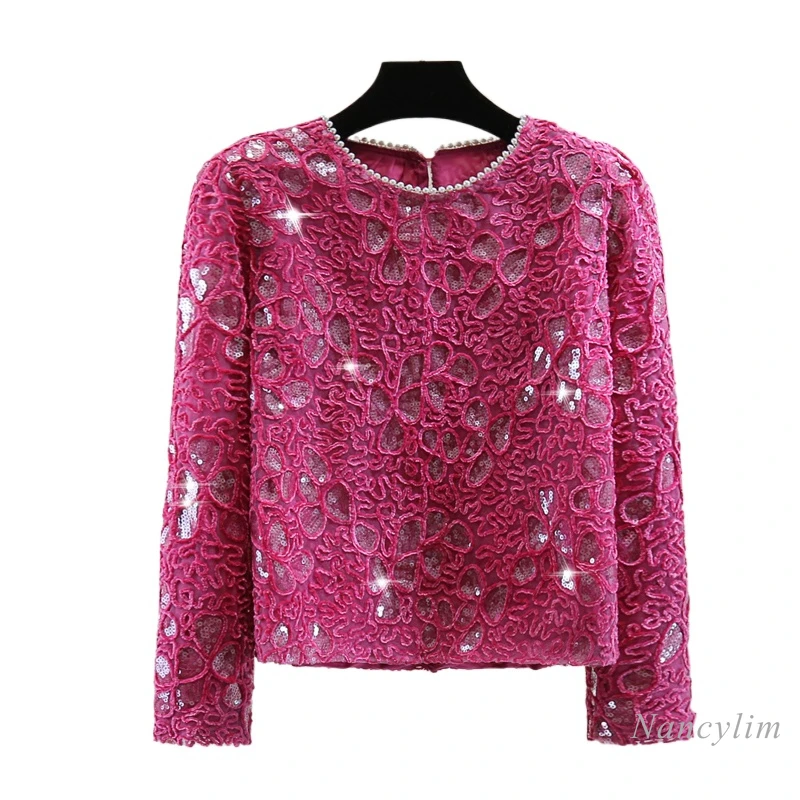 Heavy Industry Sequined Straight Outer Wear T Shirt Women Fall Winter Solid Color Bead Embroidered Long-sleeved T-Shirt Pull Top