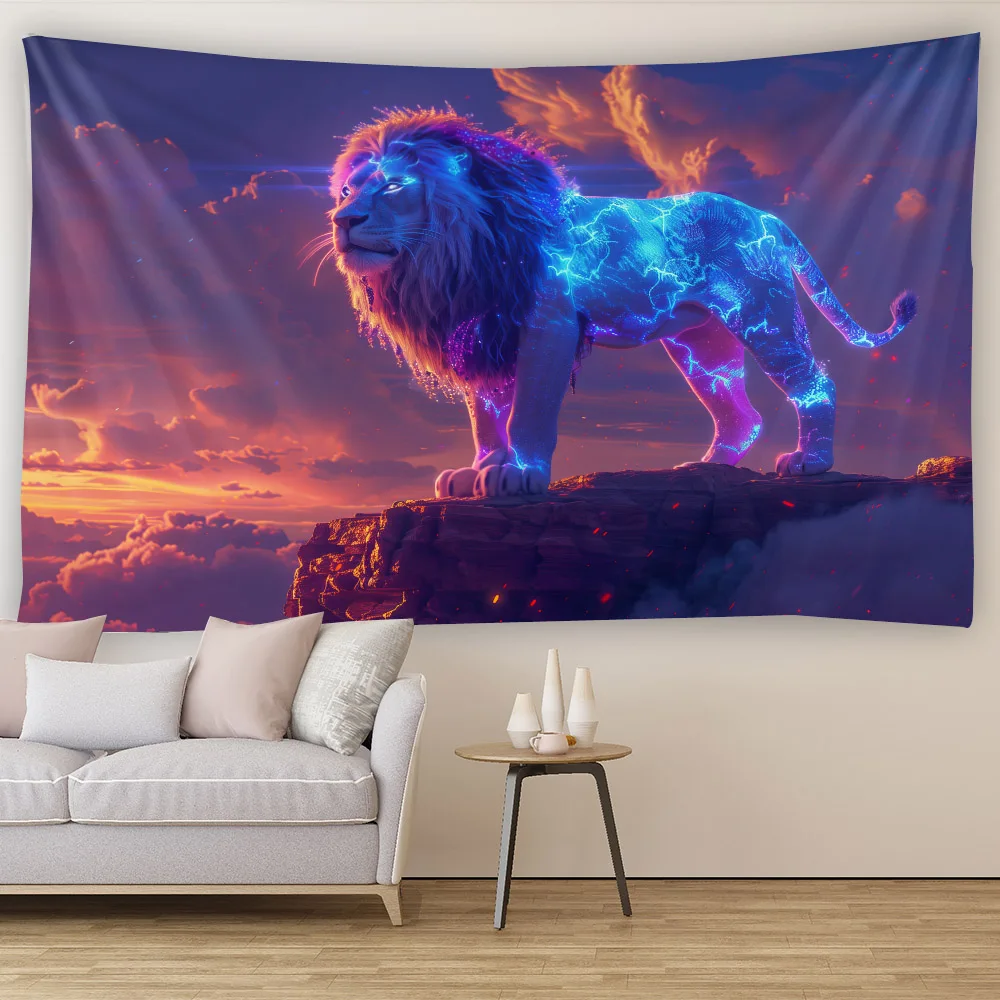 Luminous Lion King Mountain Top Tapestry Starry Sky Art Animal Hippie Cartoon Wall Hanging Canvas Home Decor