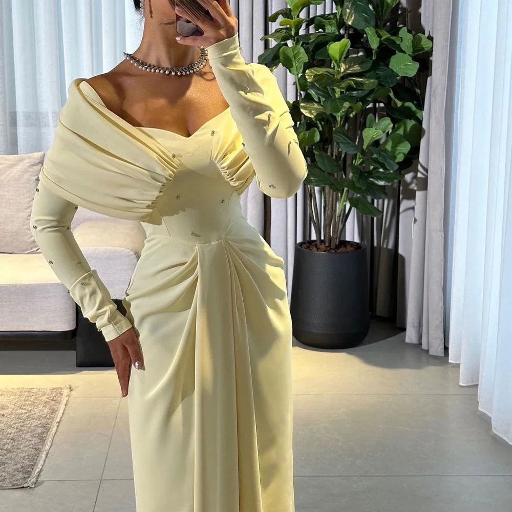 Elegant and Exquisite Strapless Off the Shoulder Evening Dress Long Sleeves Floor Length Crystal Party Gowns Saudi Arabia 2024