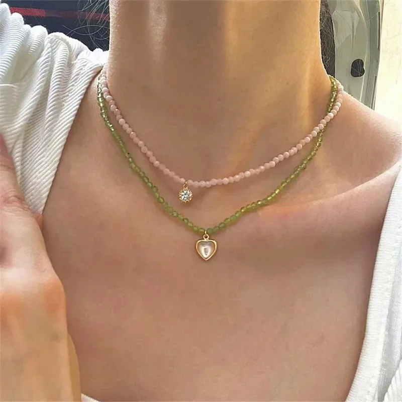 Batu kuarsa alami, Amethys turmaline olivin kalung manik-manik Amazonite Zircon bulat berisi emas 14K klavikula manis