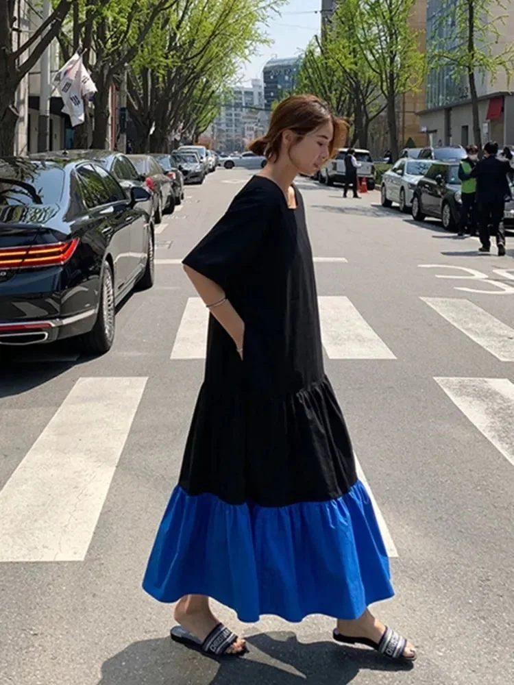 T-shirt grande taille Dr été, ample, couvrant le ventre, amincissant, décontracté, queue de Fi, jupe longue, col carré, ourlet à volants, coréen