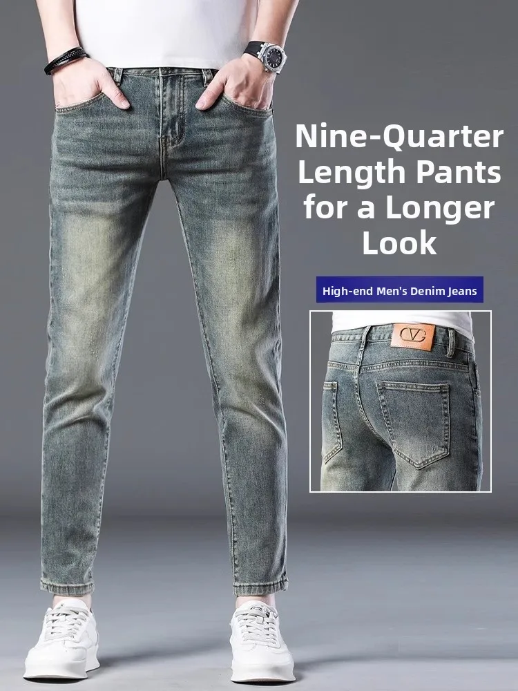 

Vintage Nine-Piece Men's Jeans Slim Fit Casual Fashion Cotton Stretch Denim mid Waist Zipper Pocket Urban Wear