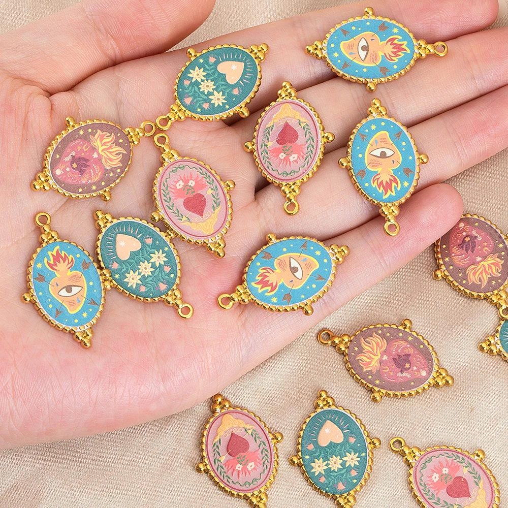 2pcs Stainless Steel Gold Plated Enamel Heart Printed Pendants Eye Charms For DIY Jewelry Making Necklace Accessories Wholesale