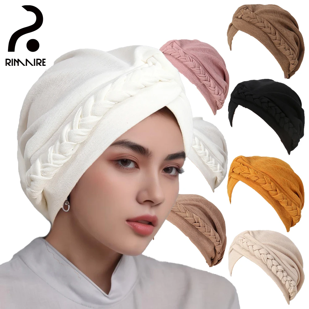 

RIMAIRE Cotton and Linen Muslim Hijab with Braided Decoration Fashionable Hat Hijabs for Women Average Size Comfortable Turban