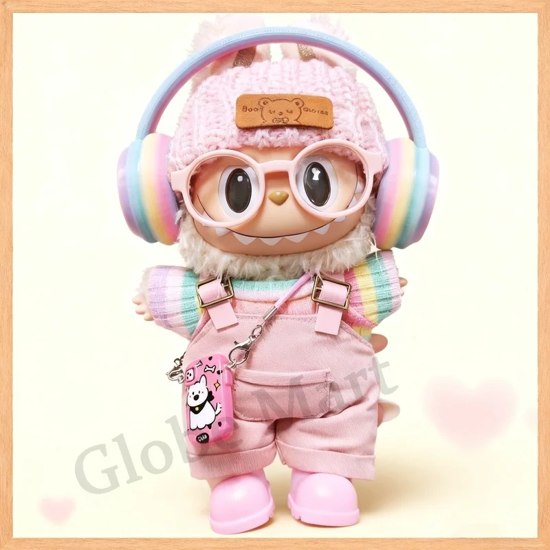 

For Labubu Clothes15/17cm Dolls Gen 123 Cute Rainbow Pink Overalls Set With Headphones And Shoes Apparel Hanging Accessories