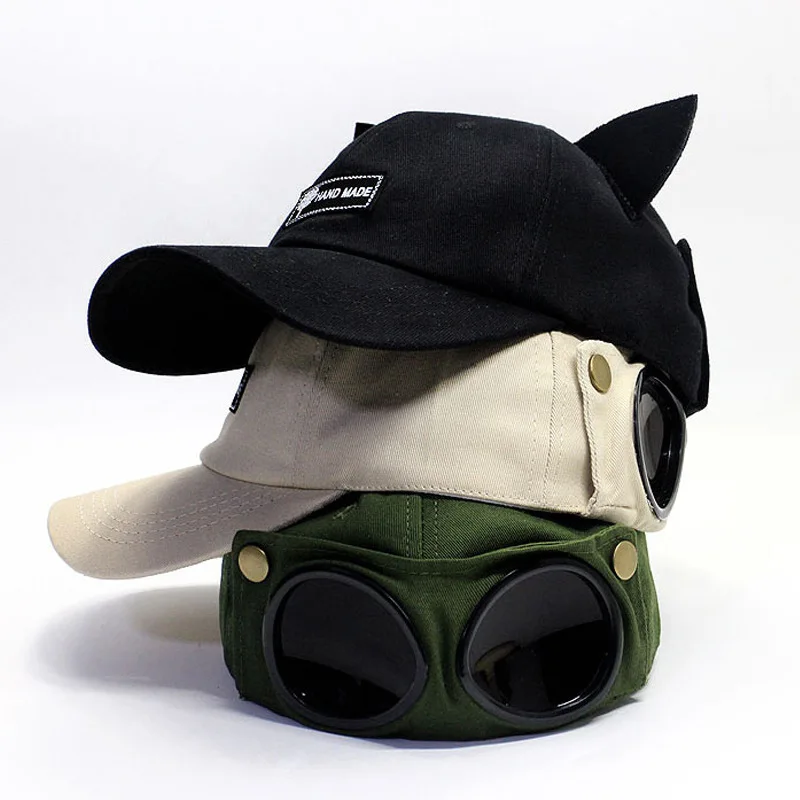 New Fashion Baseball Cap For Men Outdoor Sports Hip Hop Hats Women Cute Cat Ear Punk Glasses Aviator Hat Streetwear Pilot Bone