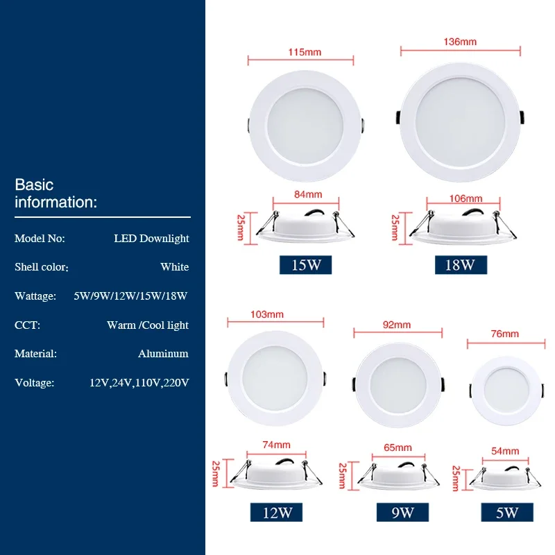 LED 다운라이트 매립형 천장 램프 10 개/묶음, DC12V 24V 5W 9W 12W 15W 18W, 콜드 화이트/웜 화이트 Led 스포트라이트 AC110V 220V