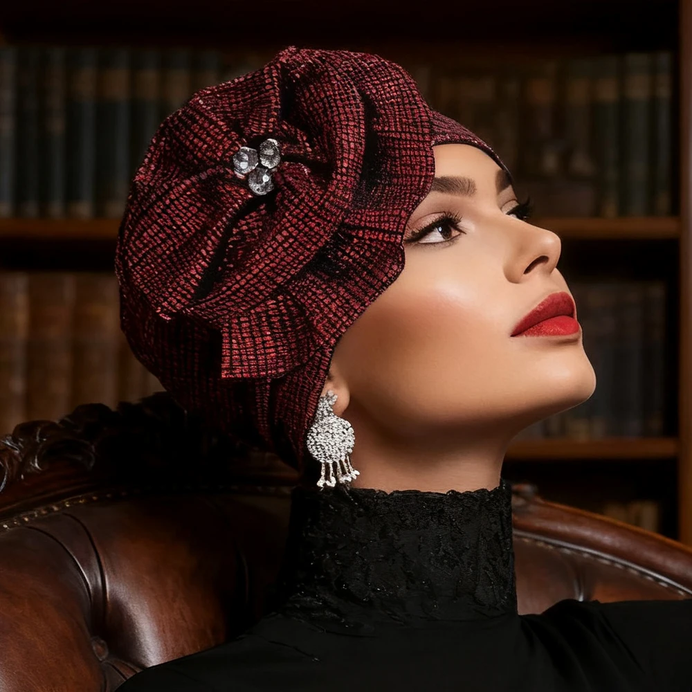 

Shimmer Flower Turban Indian Hat Muslim Hijab Glitter Bonnet Beanies Women Chemo Cap Hair Loss Headscarf Headwrap Turbante Mujer