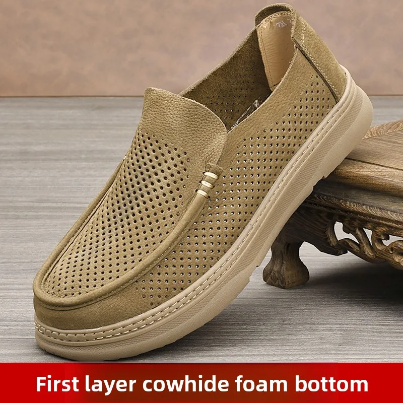 

Summer Mesh Hollow Leather Shoes First Layer Cowhide Punching Hole Shoes New One Pedal Soft Sole Lightweight Men's Leather Shoes