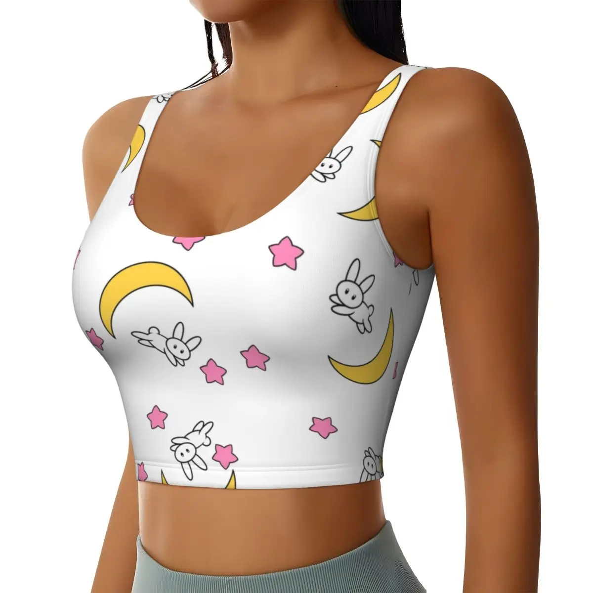 Custom Women's Cute Moon Bunny And Star Pattern Sports Bra Kawaii Japanese Manga High Impact Gym Workout Yoga Crop Tank Tops